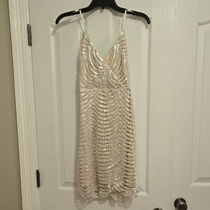 Lulu's Elegant White and Gold Dress